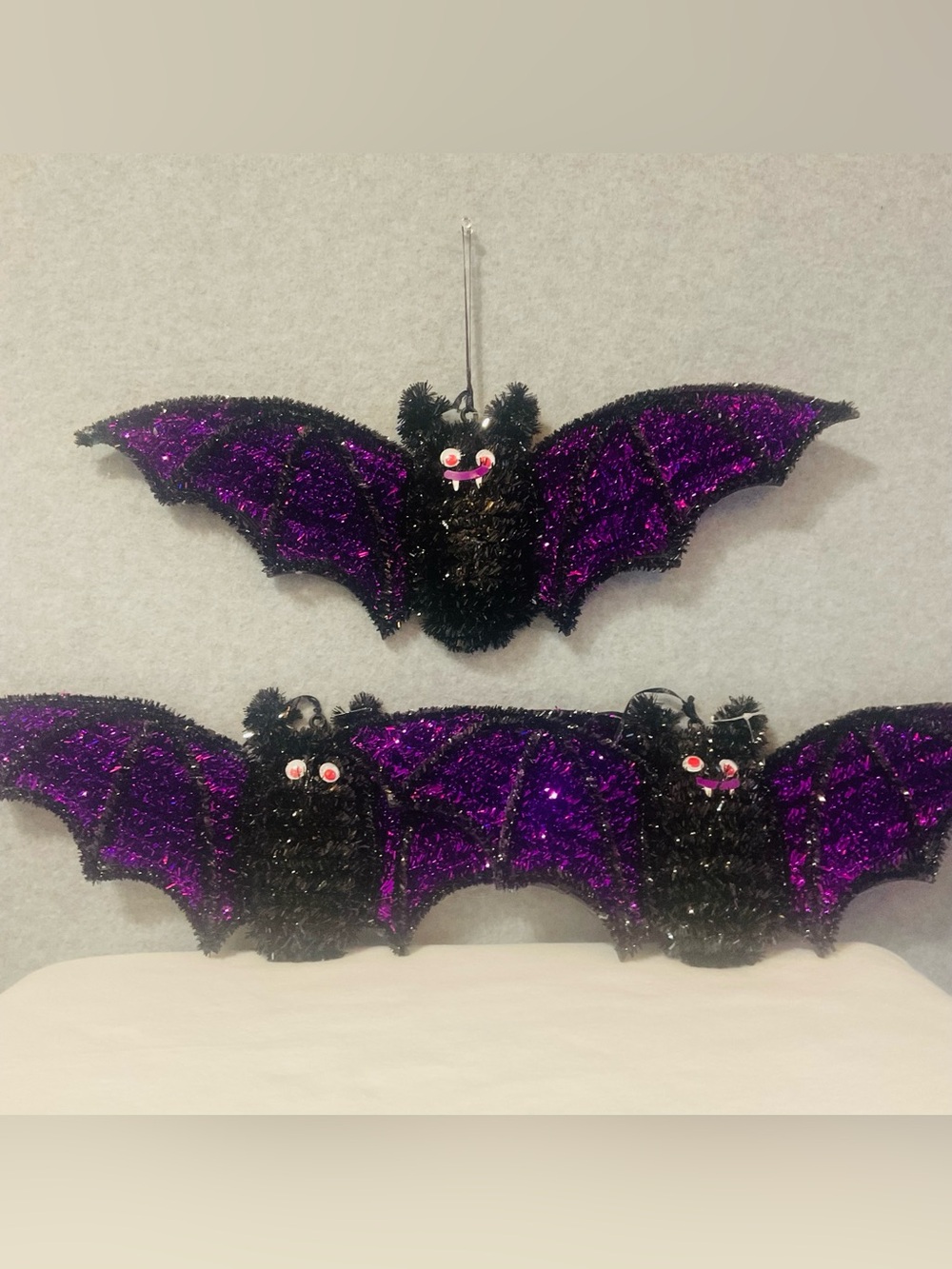 Halloween hanger Tinsel Glitter Bat Black and purple, Wall decor set of 3